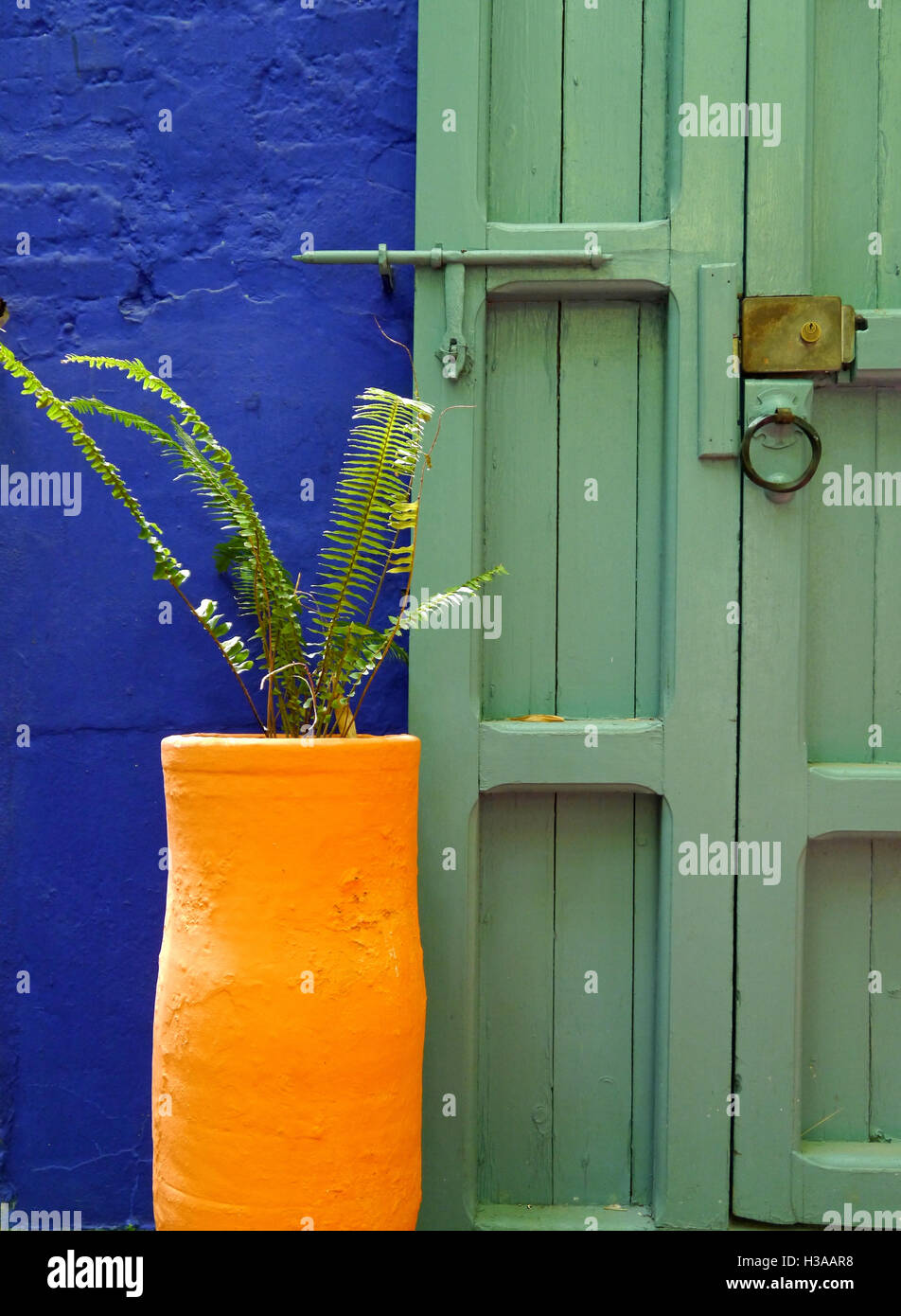 Pflanze Topf und Tür Detail, Jardin Majorelle in Marrakesch, Marokko Stockfoto