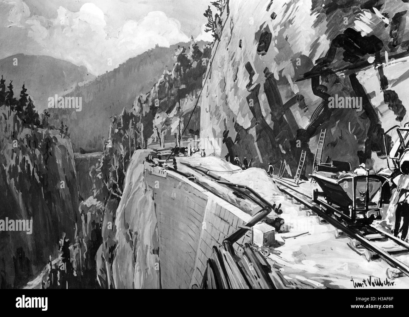 Gemälde von Ernst Vollbehr: Straßenbaustelle in den Bergen, 1935 Stockfoto