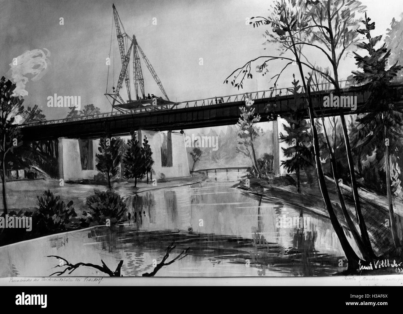 Gemälde von Ernst Vollbehr: Autobahn Brückenbau in Frasdorf, 1935 Stockfoto