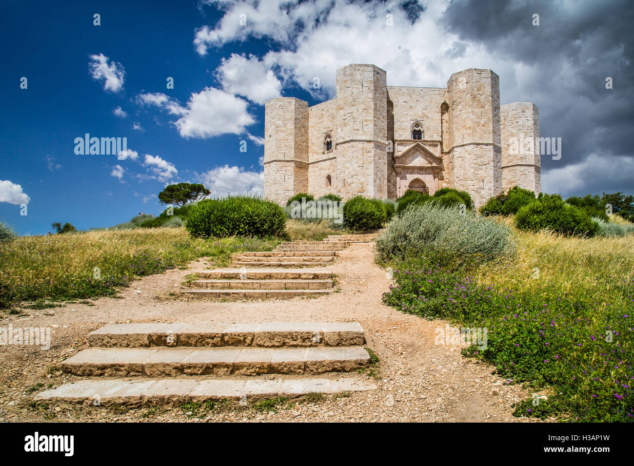 Schöne Aussicht von Castel del Monte, das berühmte Schloss, gebaut in eine achteckige Form durch den Heiligen römischen Kaiser Frederick II, Apulien Region, Italien Stockfoto