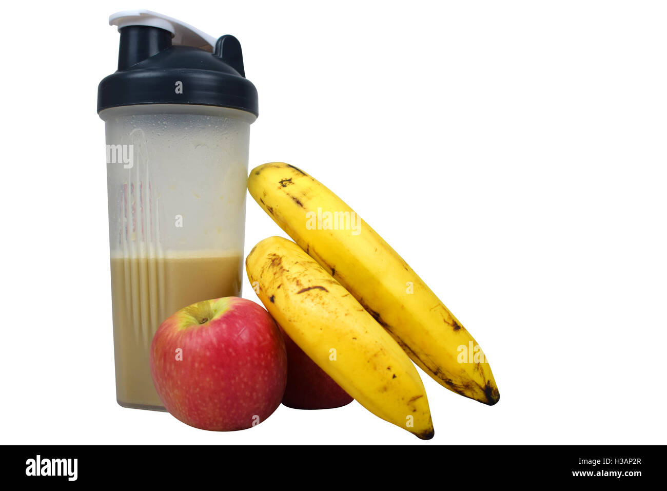 gesunde Protein-Shake und Obst, Bananen und Äpfel Stockfoto