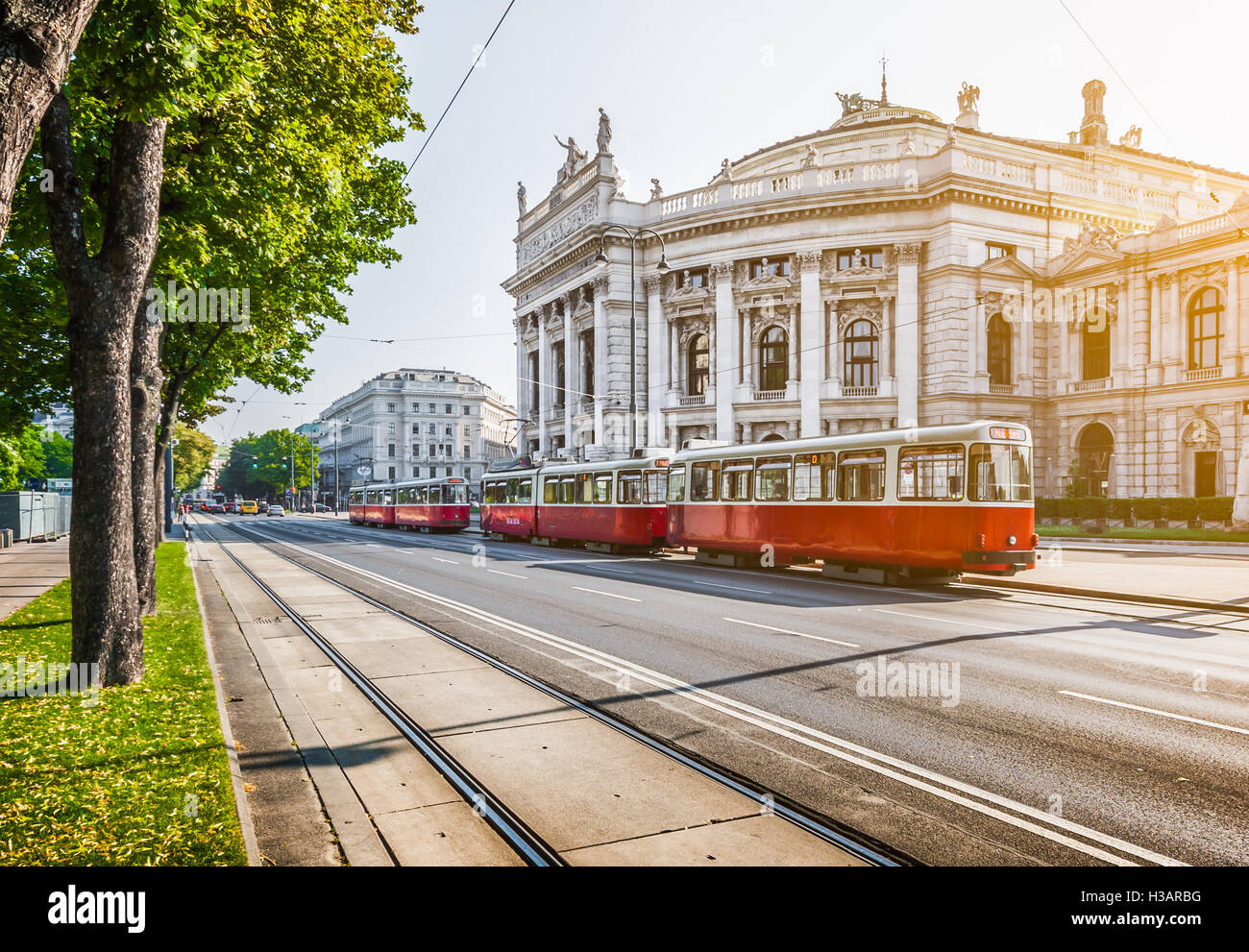 Wiener Ringstraße mit historischen Burgtheater (Imperial Court Theatre) und traditionelle elektrische Straßenbahn bei Sonnenaufgang, Wien, Österreich Stockfoto