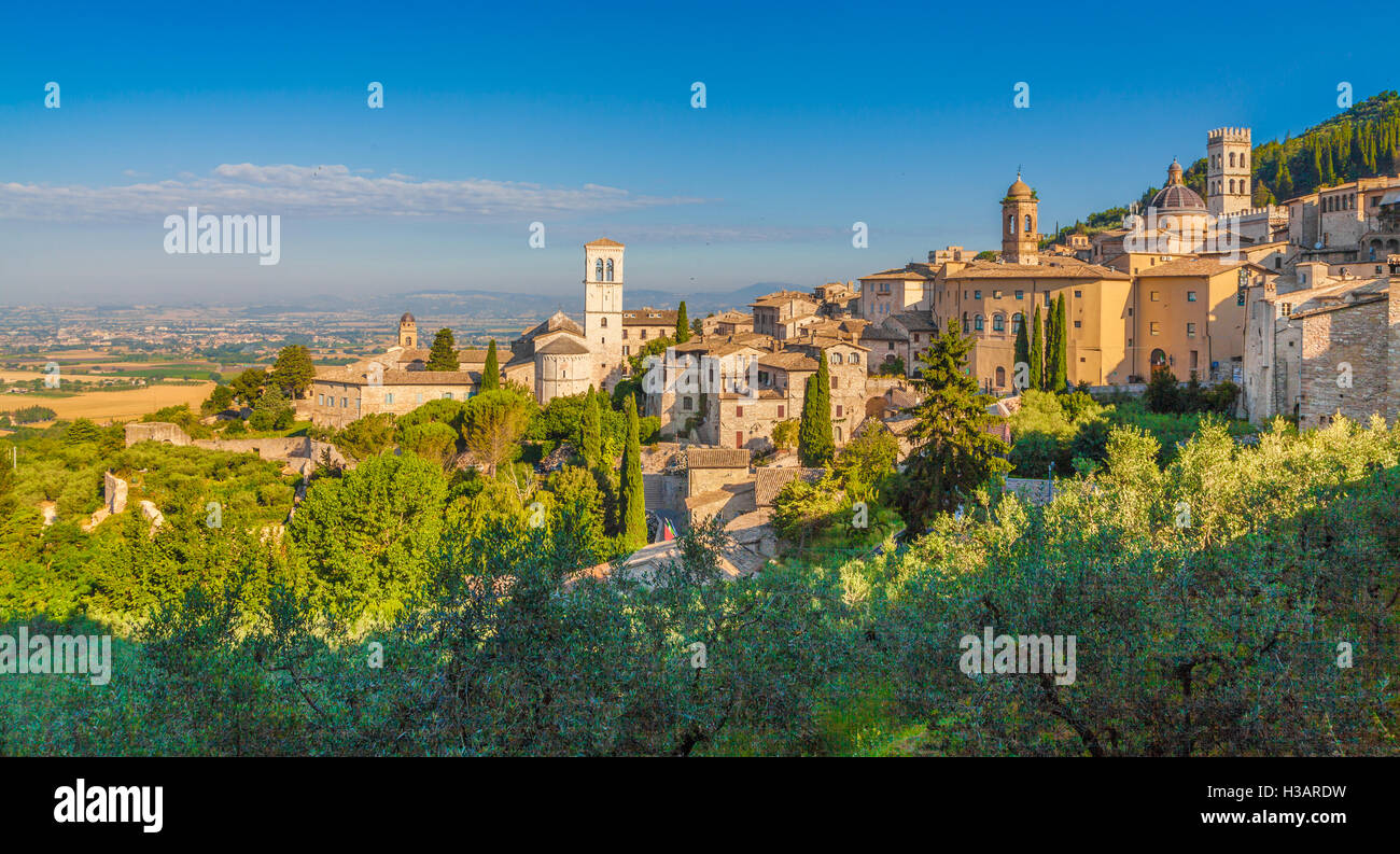 Panoramablick auf die historische Stadt Assisi im schönen goldenen Morgenlicht bei Sonnenaufgang im Sommer, Umbrien, Italien Stockfoto