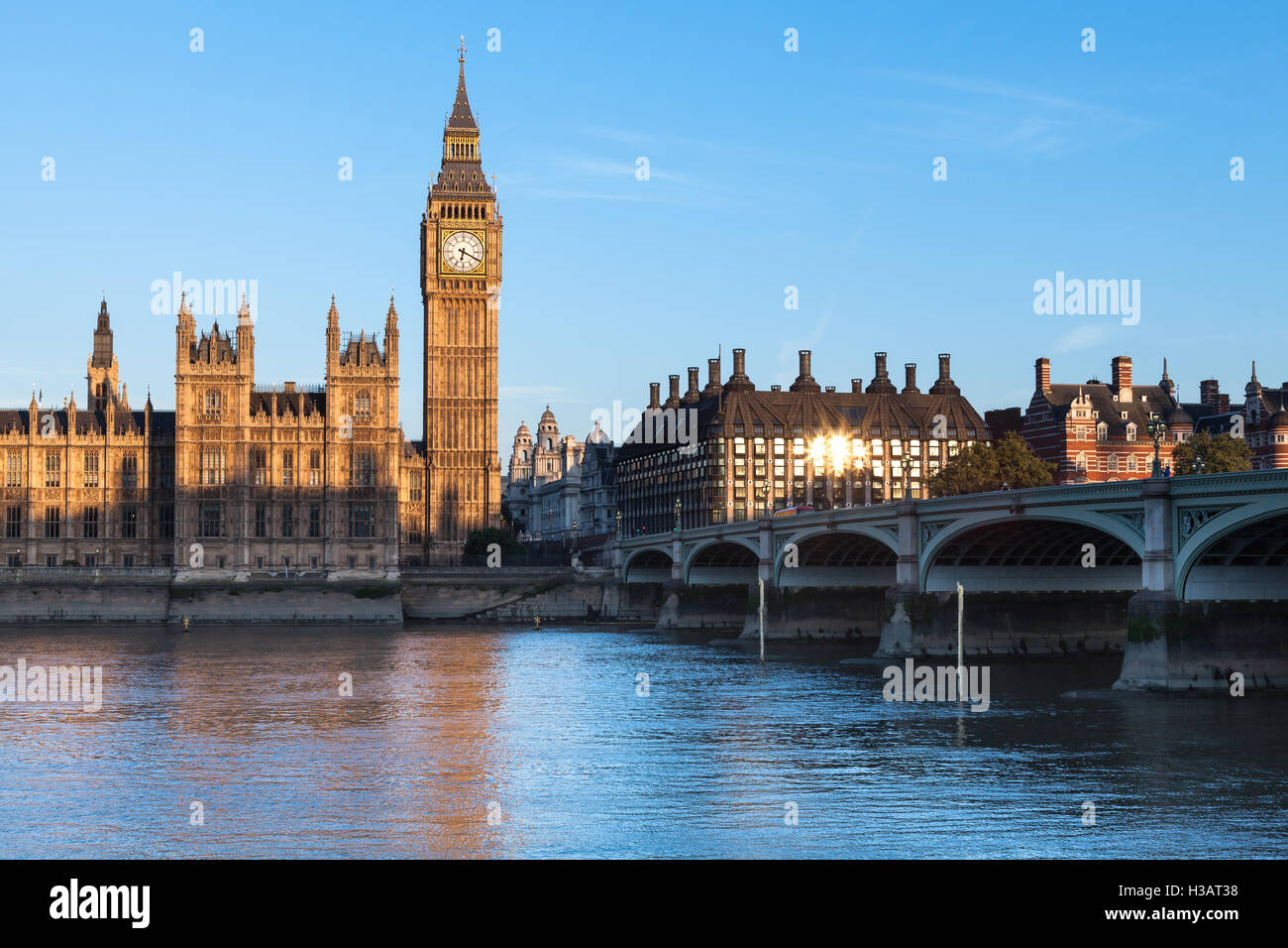 Sunrise der Palace of Westminster, London, Vereinigtes Königreich Stockfoto