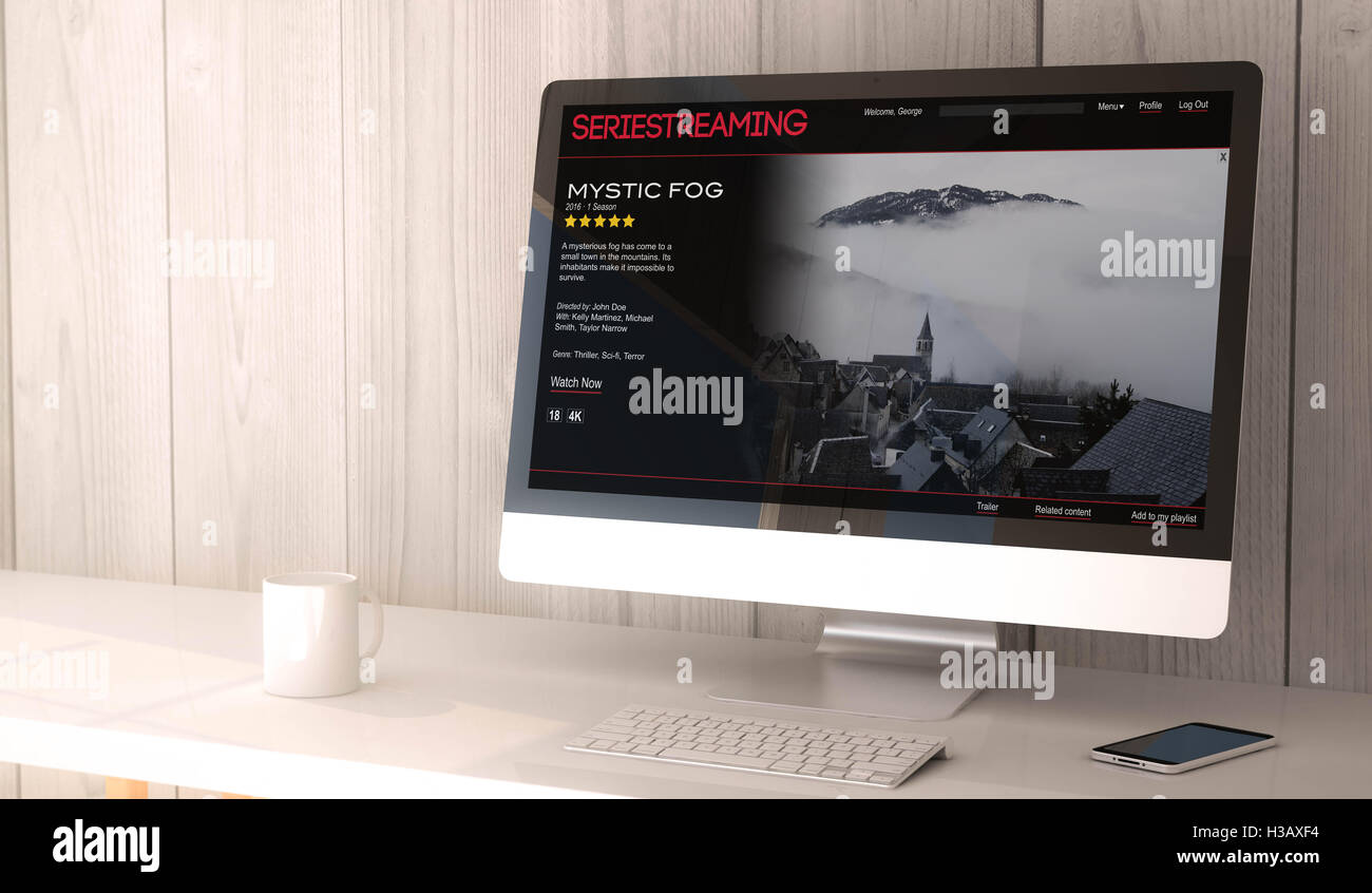 Digital Render erzeugt Arbeitsbereich mit Streaming-Website auf dem Bildschirm des Computers und Smartphone-Serie. Alle Grafiken Bildschirm ein Stockfoto