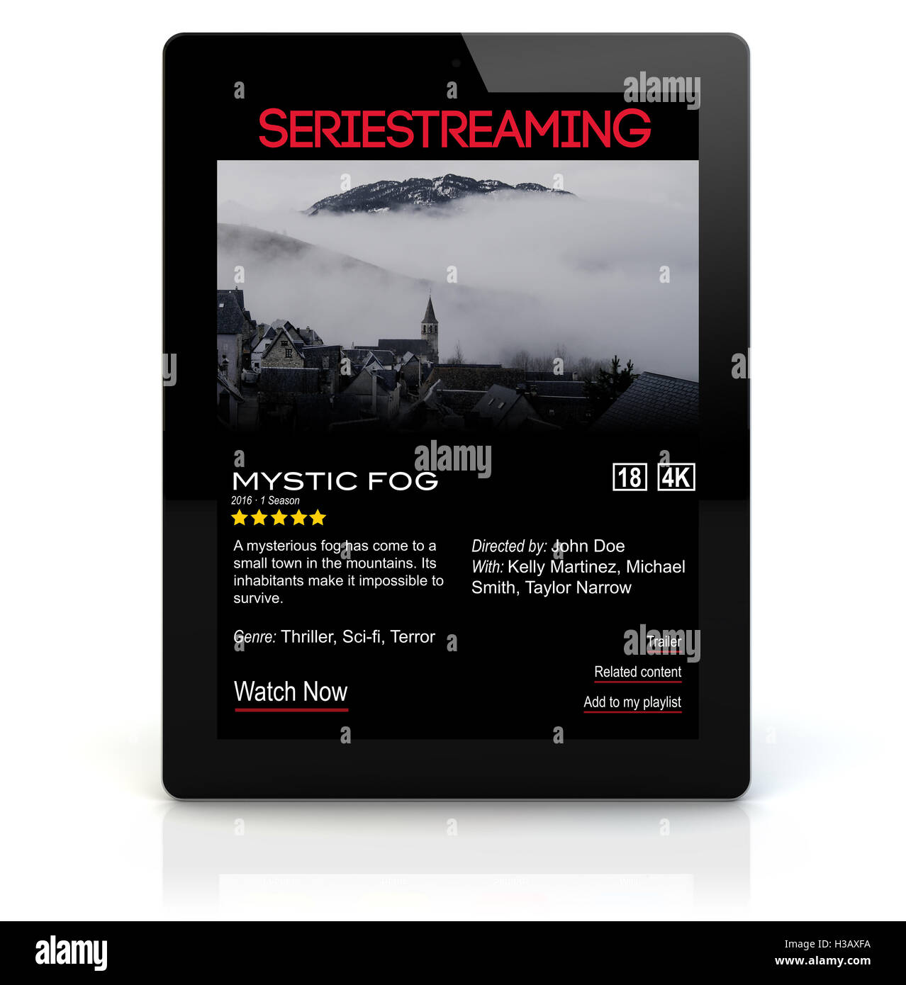 Video-on-Demand-Konzept: Rendern eines Tablet-PC mit Online-Serie auf den Bildschirm streamen. Die Bildschirmgrafik bestehen. Stockfoto