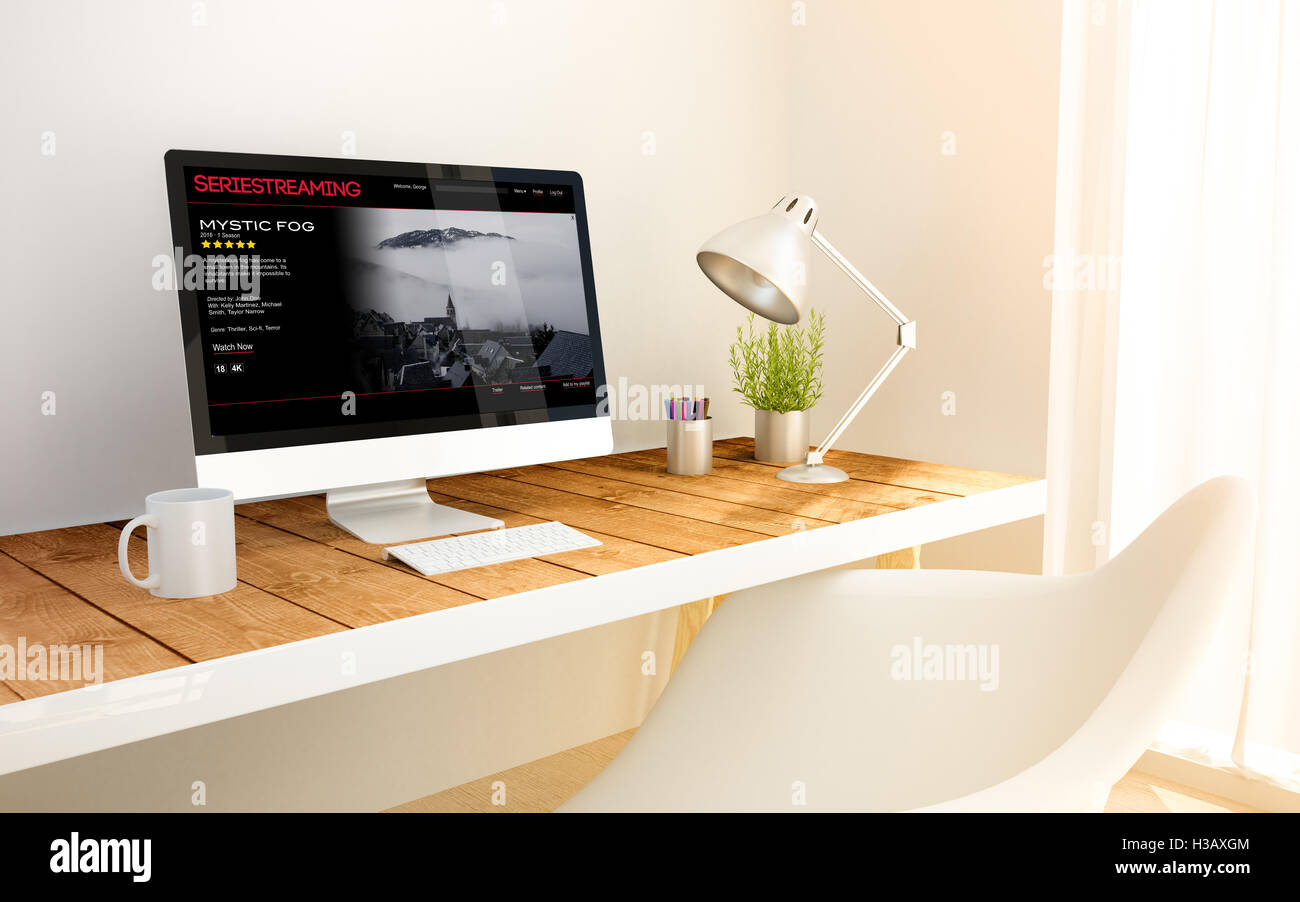 3D generierte minimalistischen Arbeitsbereich mit Streaming-Websitescreen Computer und Exemplar-Serie. 3D-Rendering. alle Bildschirmgrafiken Stockfoto