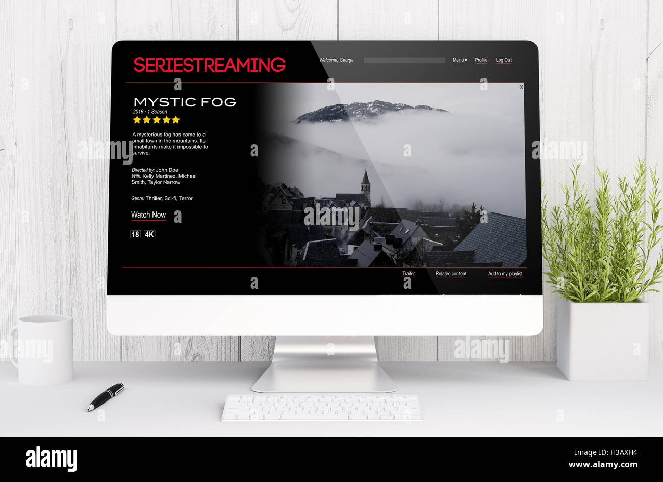 3D Rendering-Serie-Streaming-Website auf Computer. Alle Bildschirm-Grafiken bestehen. Stockfoto