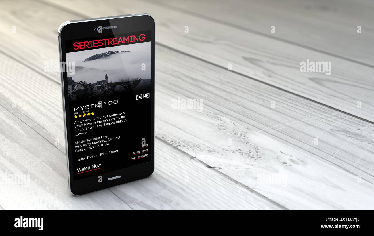 Digital erzeugte Smartphone über weißem Holz Hintergrund zeigt Serie Streaming-Portal. Alle Bildschirm-Grafiken bestehen. Stockfoto