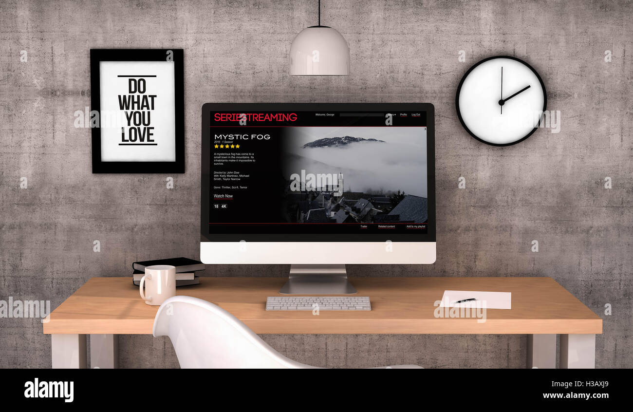 Digital erzeugte Arbeitsbereich Desktop mit Serie-streaming auf Computer Bildschirm. Alle Bildschirm-Grafiken bestehen. 3D-Rendering. Stockfoto