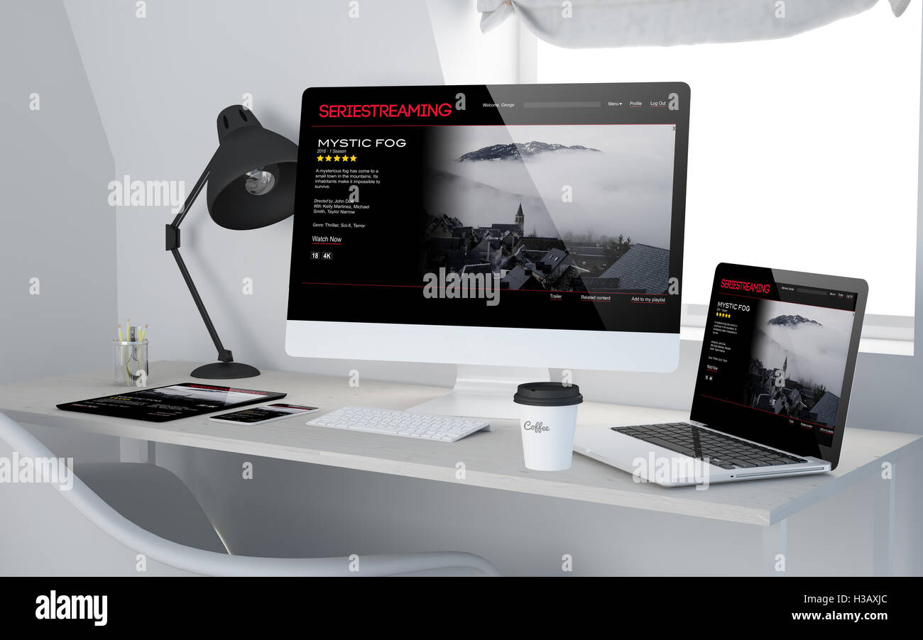 3D-Rendering Arbeitszimmer mit ansprechende Geräte Serie Streaming-Portal auf dem Bildschirm angezeigt. Alle Bildschirm-Grafiken bestehen. Stockfoto