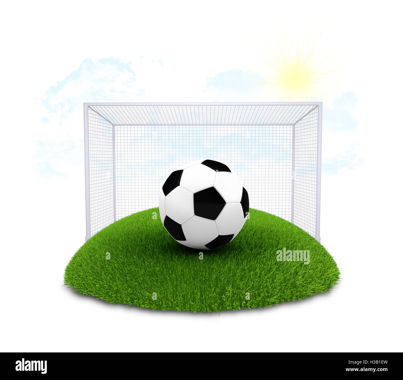 Soccer Ball und Tor auf Grundstück von grünem Rasen Stockfoto