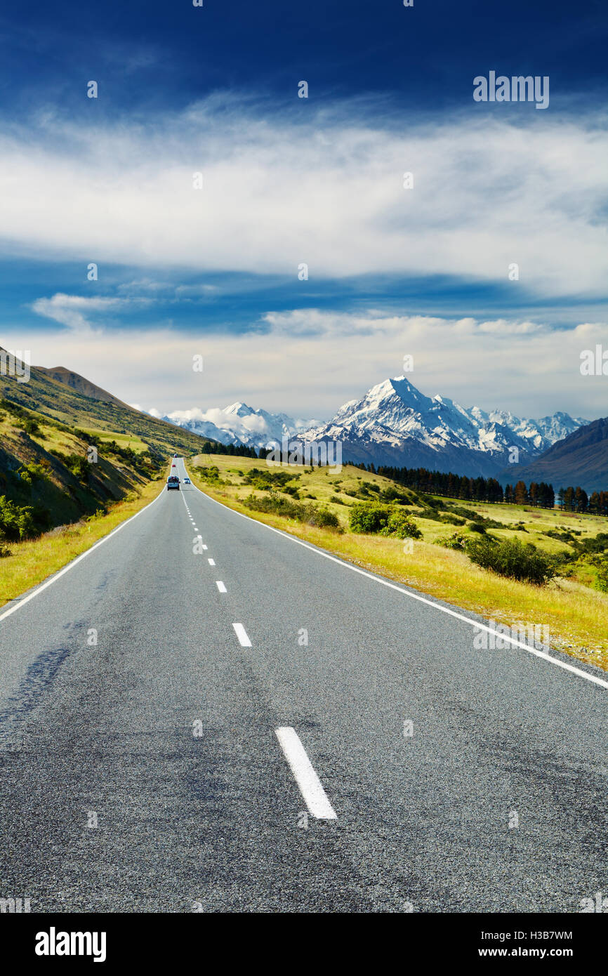 Straße nach Mount Cook, Neuseeland Stockfoto