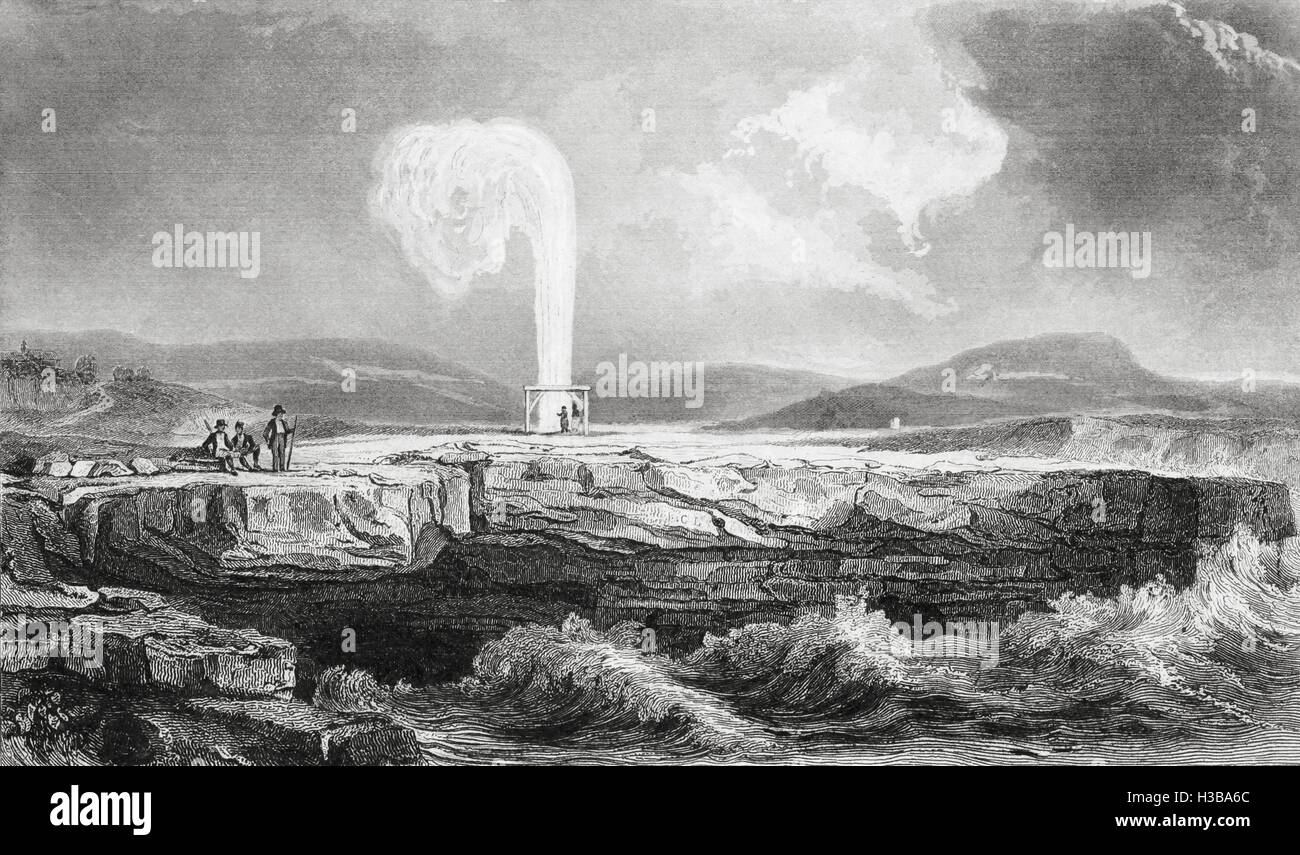 Salzbergwerk (Kochsalzlösung) auf Malta. Blick auf den Wasserbrunnen. 19. Jahrhundert Stahlstich von Lemaitre Direxit. Stockfoto