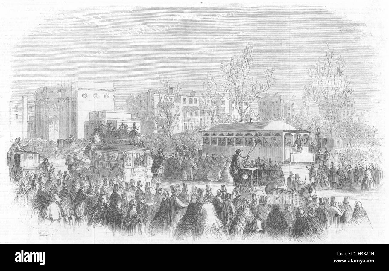 LONDON Street Railway Bayswater Bahnlinie, marble Arch, Hyde Park 1861. Der illustrierte London News Stockfoto