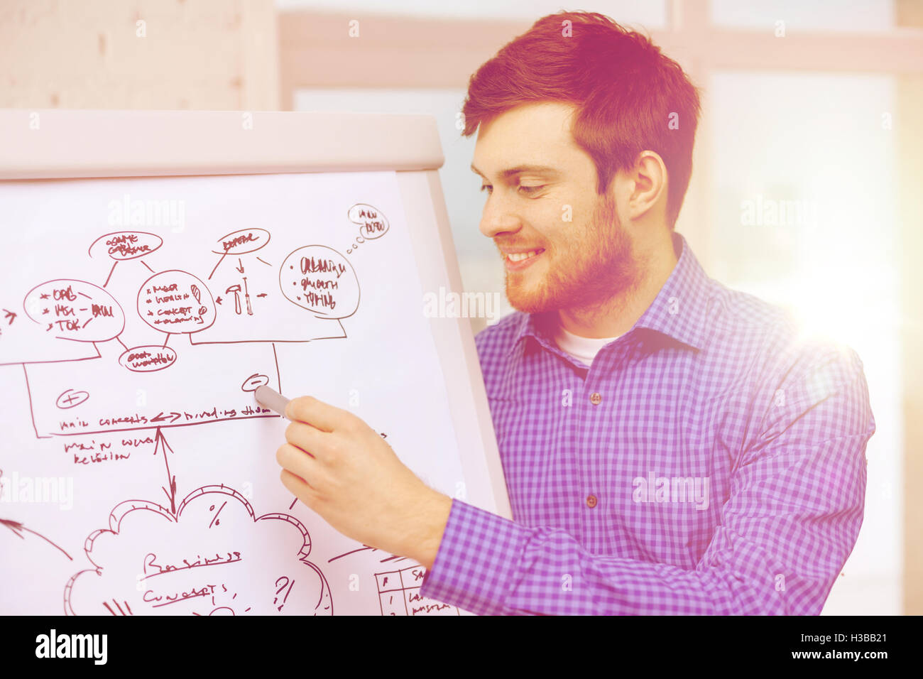 junger Geschäftsmann unter Hinweis auf flip-Vorstand im Amt Stockfoto