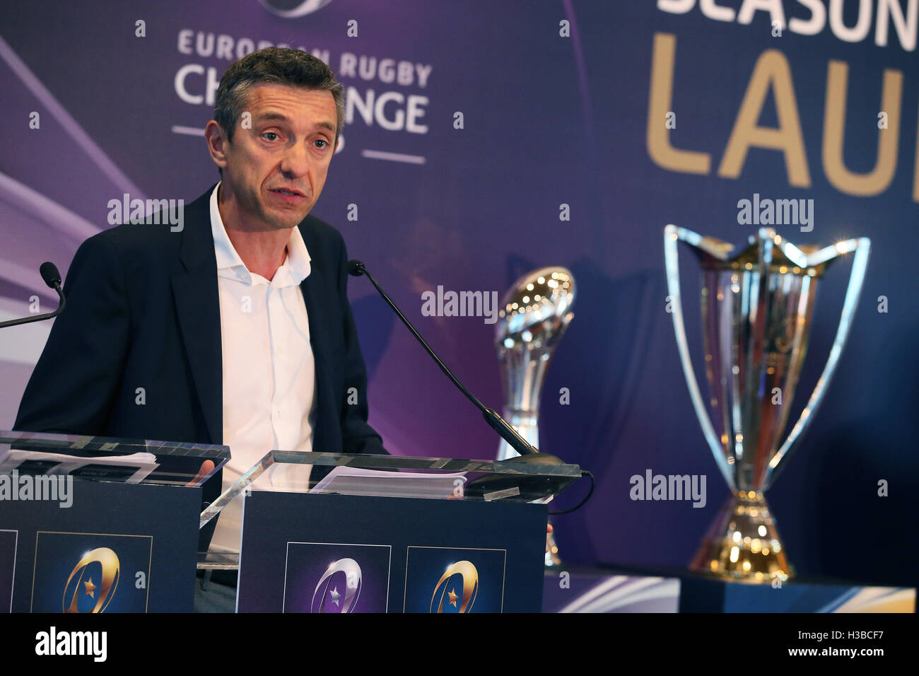 EPCR Generaldirektor Vincent Gaillard während der European Rugby Champions Cup/Challenge Cup-Turniere starten Pro 12 Clubs in Dublin Convention Centre, Irland. Stockfoto