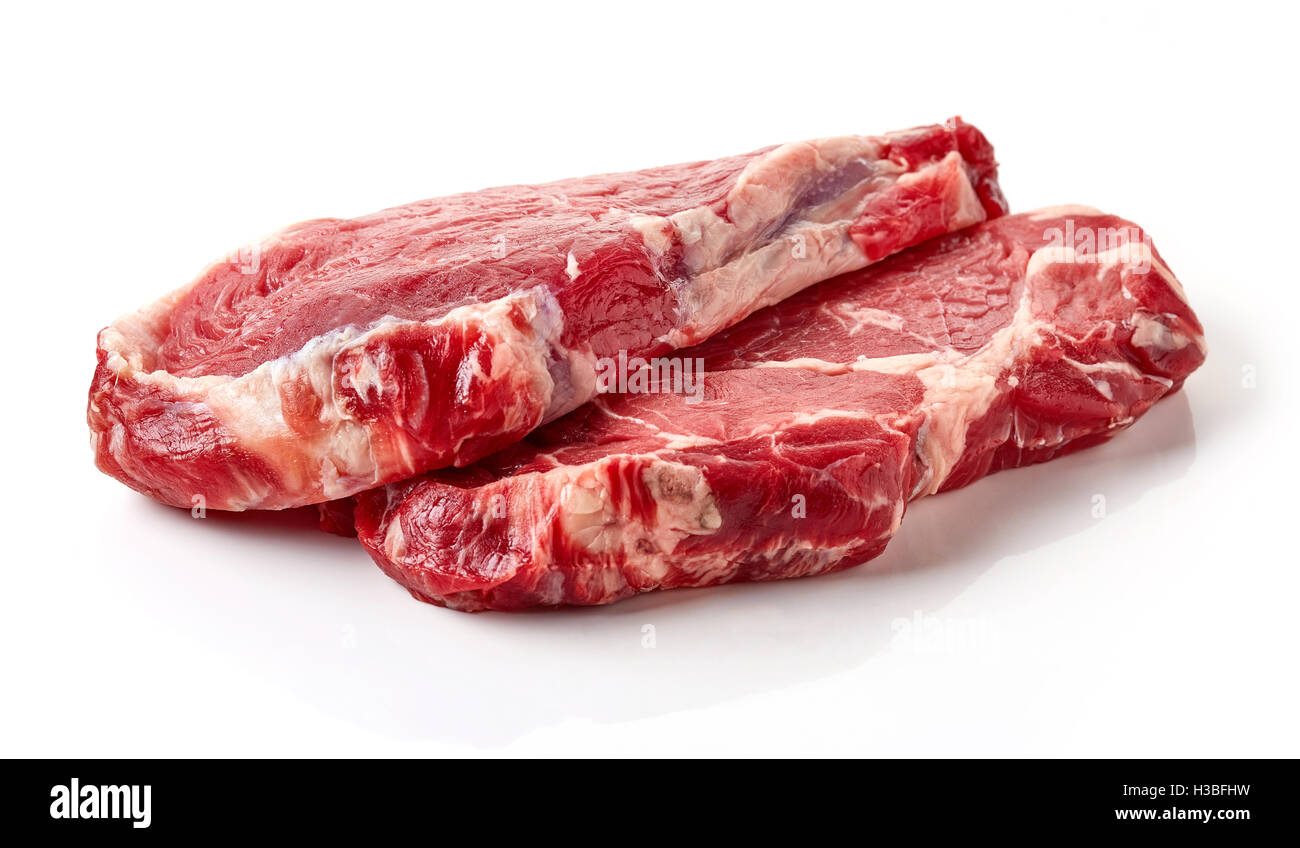 Frisches rohes Rindfleischsteak isoliert auf weißem Hintergrund Stockfoto
