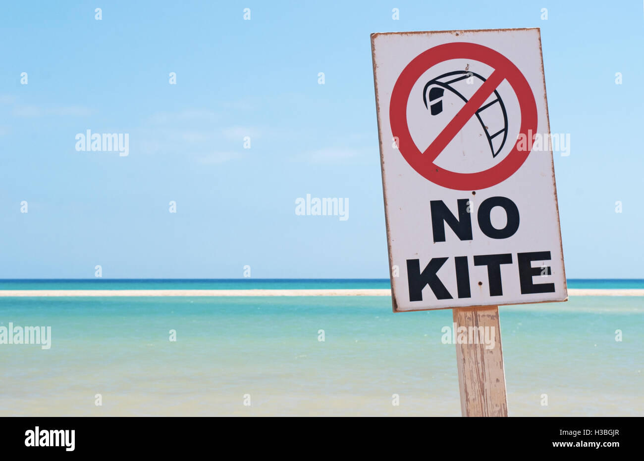 Fuerteventura, Spanien: keine Kite Surfen, Kitesurfen verboten, und die Lagune von der Strand Playa de Jandía, einem der bekanntesten der Insel Stockfoto
