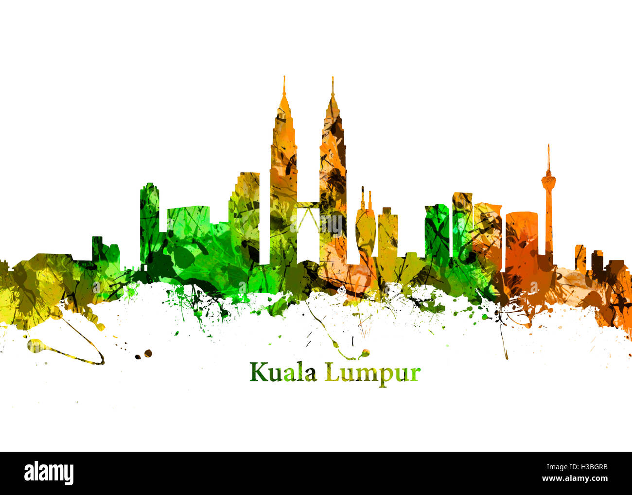 Aquarell Kunstdruck von der Skyline von Kuala Lumpur Malaysia Stockfoto