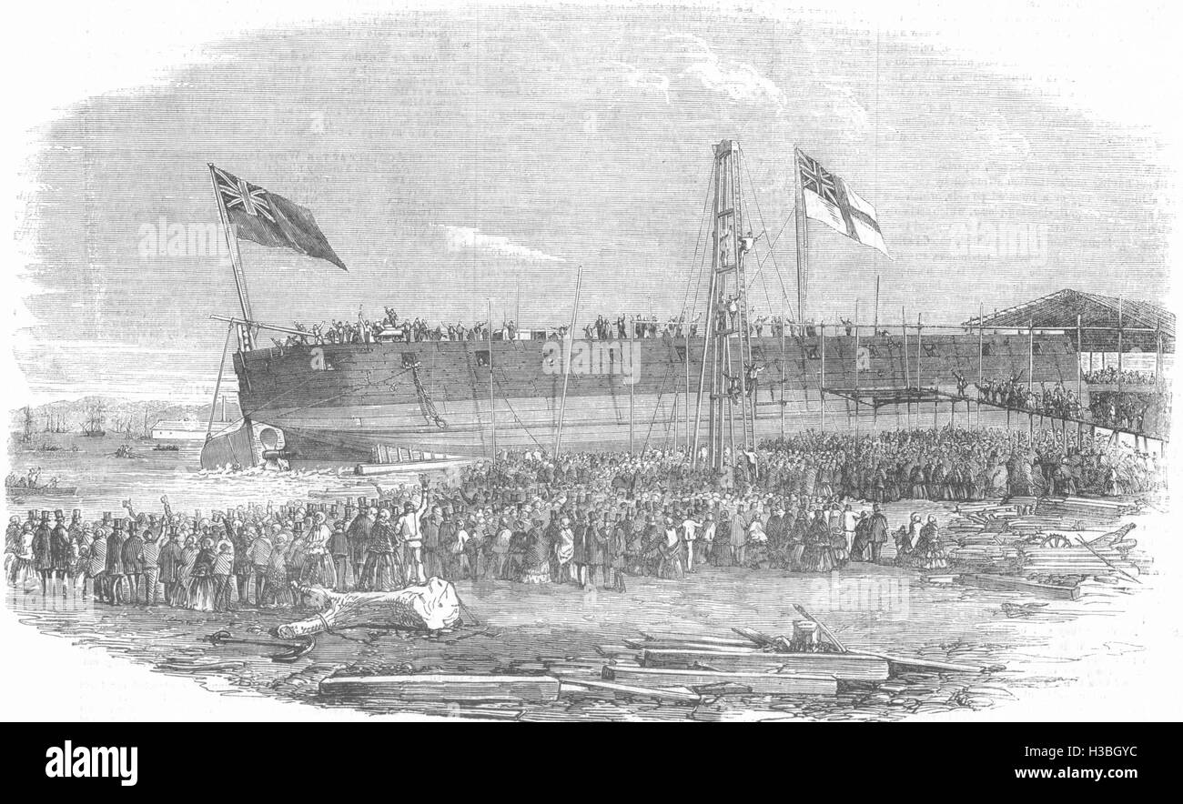 LONDON Launch der schwimmende Batterie Thunderbolt an Millwall 1856. Der illustrierte London News Stockfoto