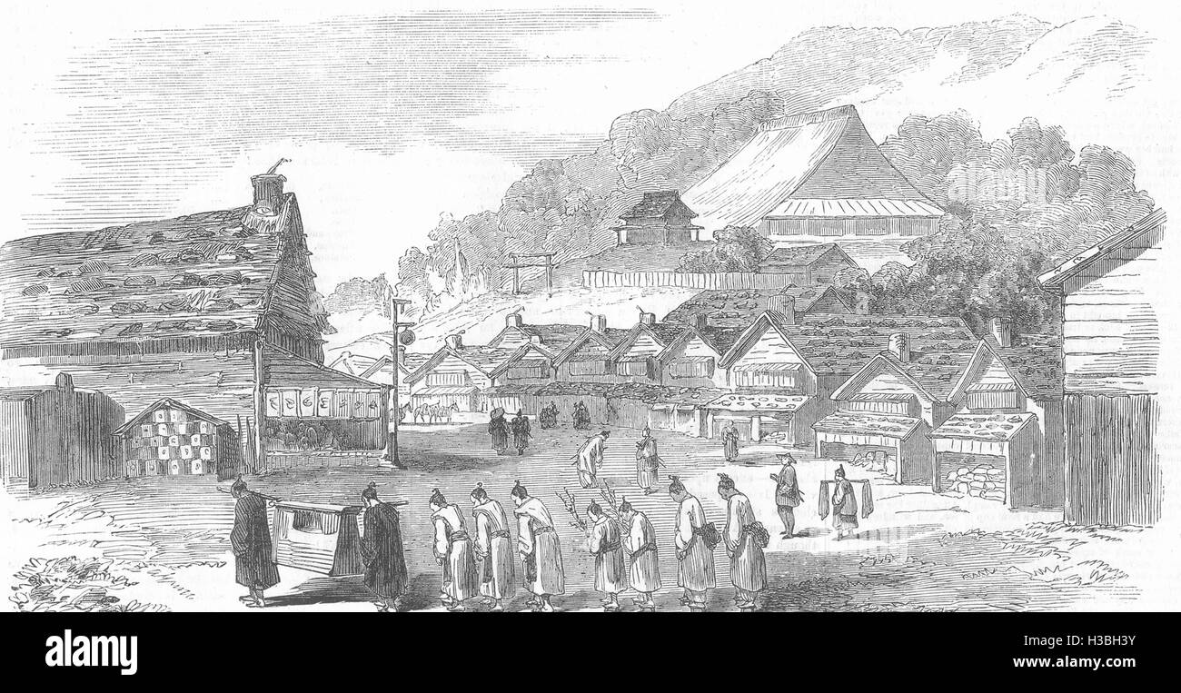 JAPAN-Skizzen in Japan Straße in Hakodade und Trauerzug 1856. Der illustrierte London News Stockfoto