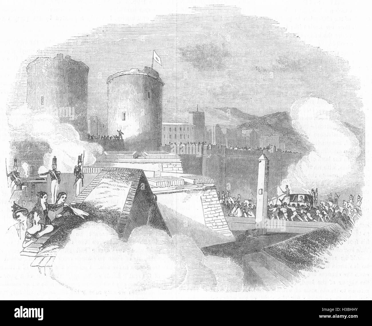 Spaniens Königin Christina Fortschritte in Spanien die Ankunft in Barcelona 1844. Der illustrierte London News Stockfoto