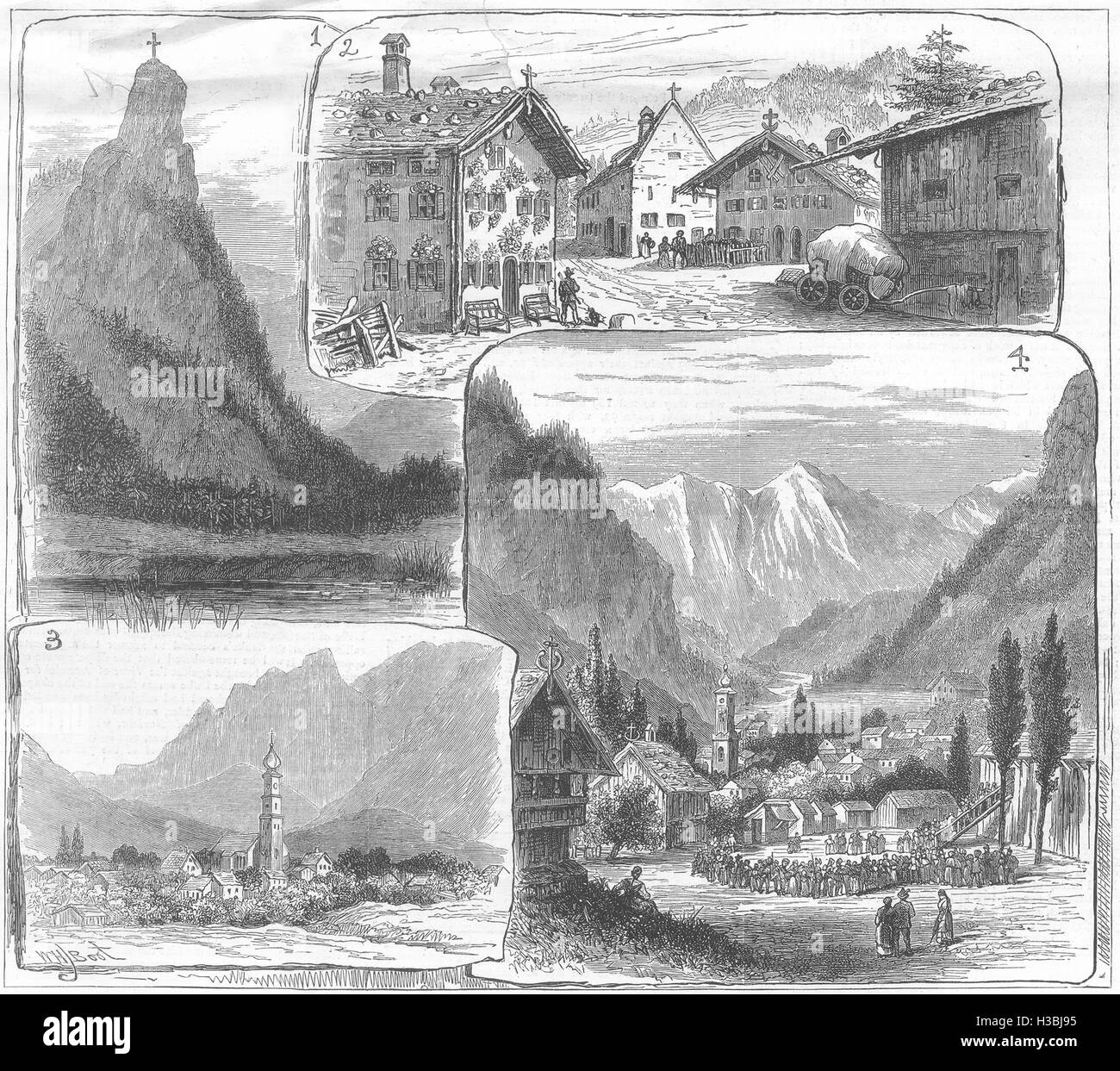 OBERAMMERGAUER Passionsspiele; Kofel-Dolomit-Gipfel Ettal; Geschmückt; Theater 1880. Der illustrierte London News Stockfoto