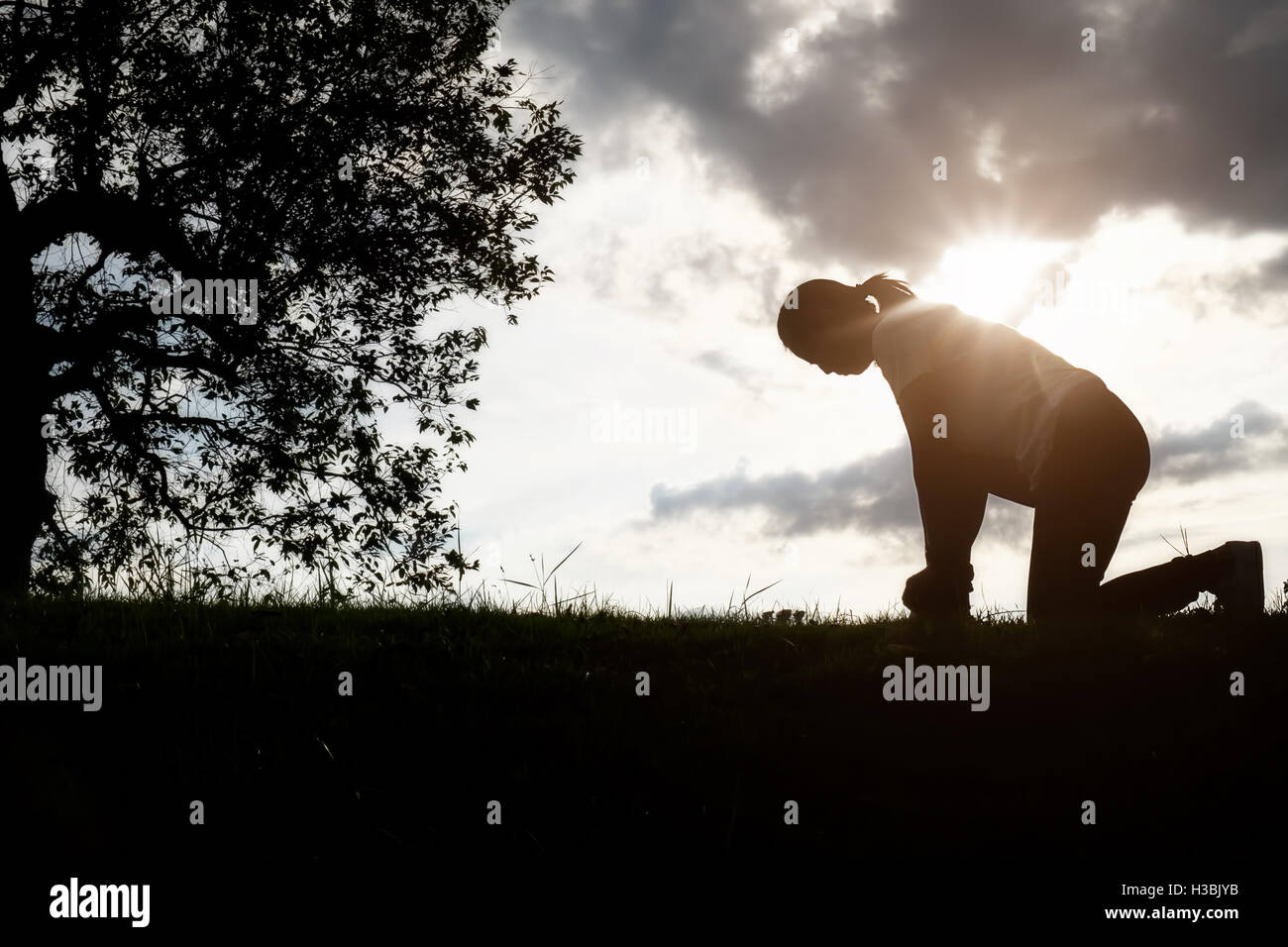 Silhouette, jung, Frau, binden, Schnürsenkel, gegen, Feld, während schön, Sonnenuntergang, Park, Hintergrund, aktiv, Fit, Mädchen, Gesundheit, Stockfoto