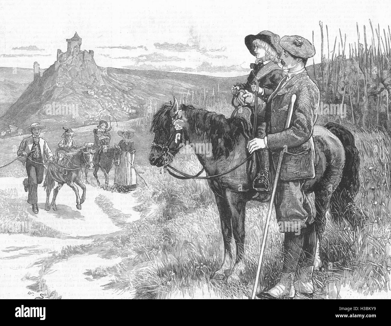 Pferde-Kinder auf Ponys 1881. Die Grafik Stockfoto