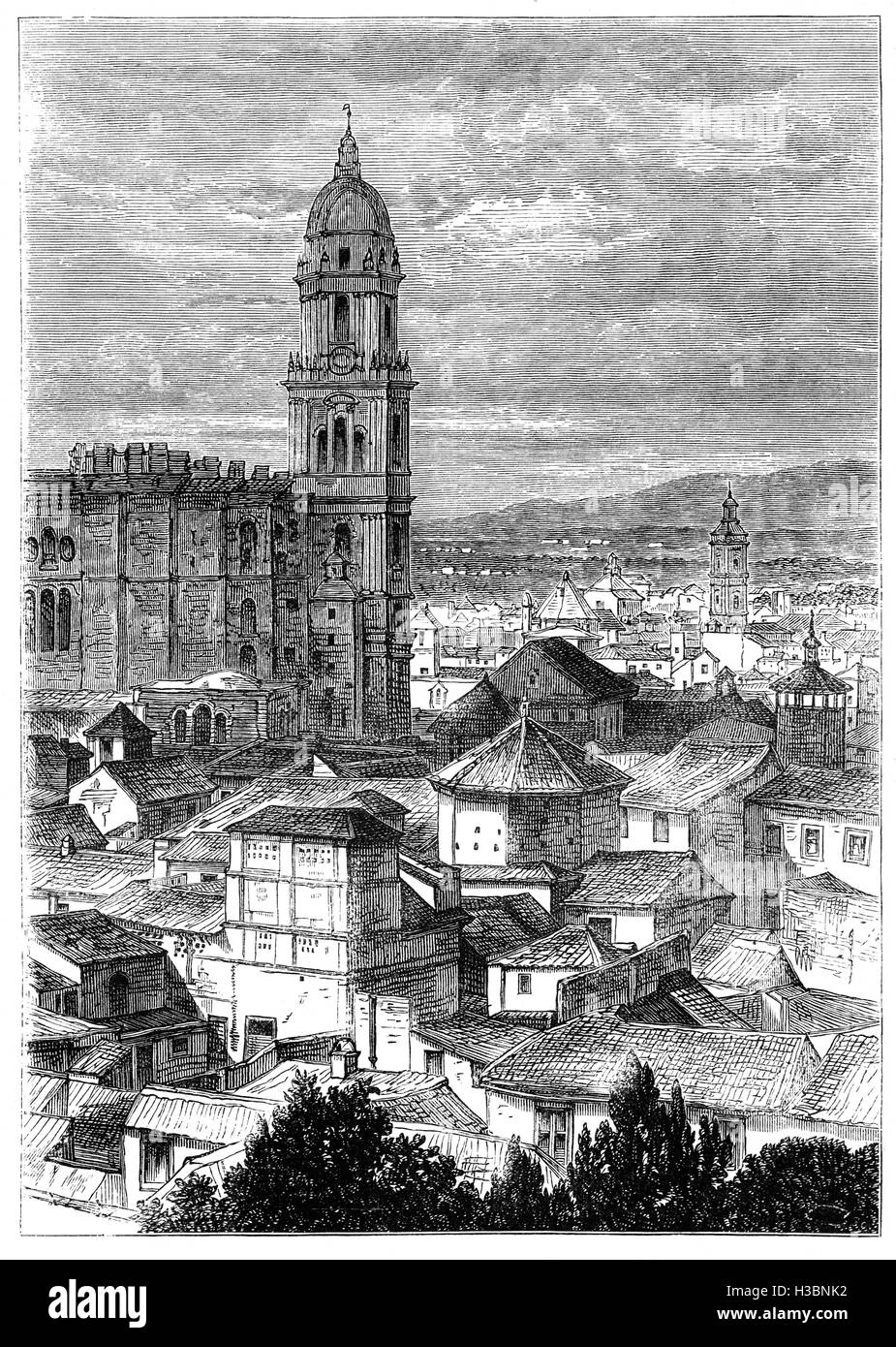 19. Jahrhundert-Blick auf die Kathedrale der Menschwerdung in Malaga, Hauptstadt der Provinz Málaga, in der autonomen Gemeinschaft Andalusien, Spanien. Stockfoto