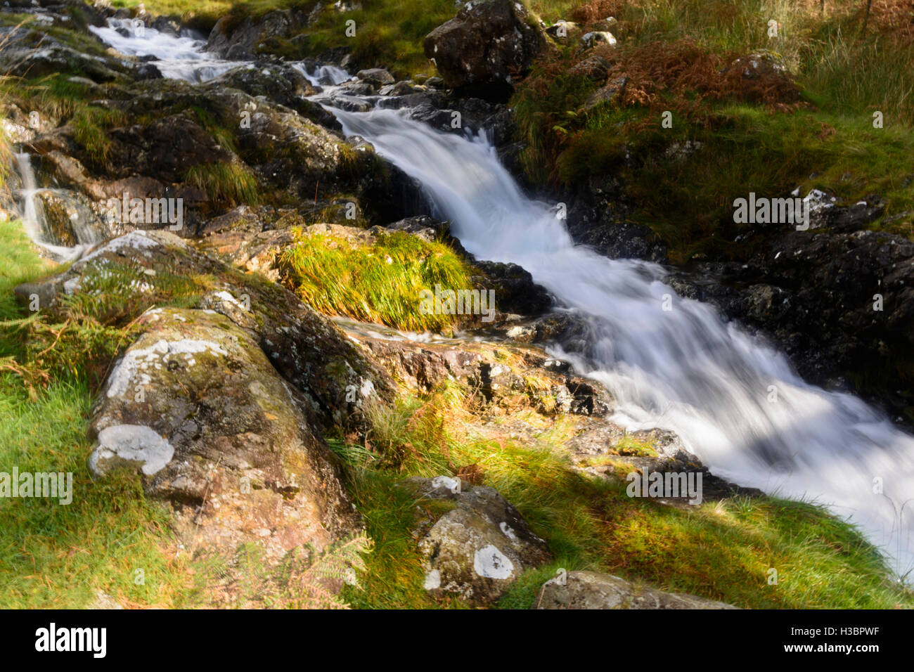 Langzeitbelichtung Foto eines Baches liefen aus Cadair Idris-Gebirge in Snowdonia-Nationalpark in Wales, UK Stockfoto