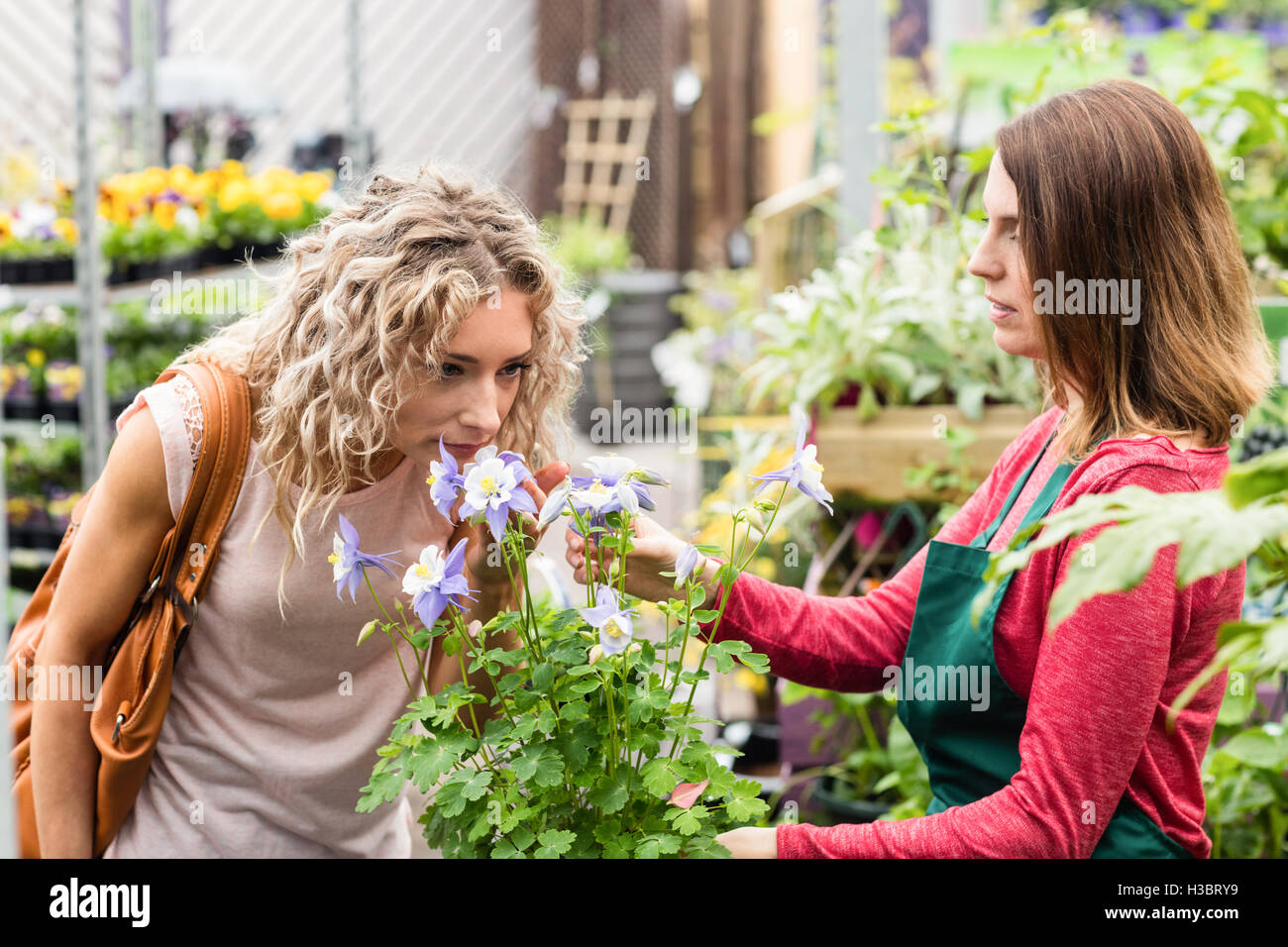 Frau mit weiblichen Blumengeschäft Blumen riechen Stockfoto