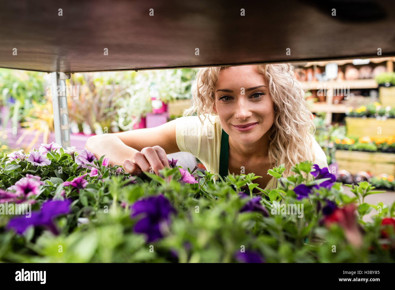 Lächelnd weibliche Florist im Garten-center Stockfoto