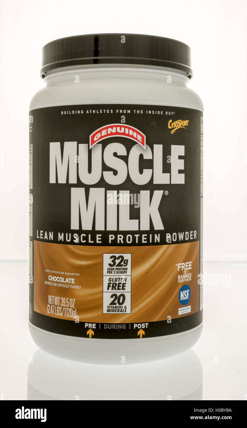 Winneconne, Wisconsin - 29. September 2016: Container der Muskel Milch-Protein-Pulver auf einem isolierten Hintergrund. Stockfoto