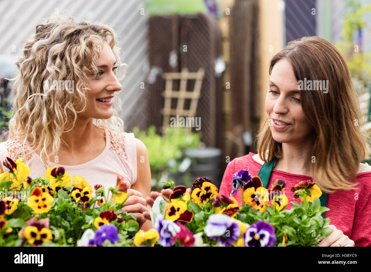 Weibliche Florist im Gespräch mit Frau Stockfoto