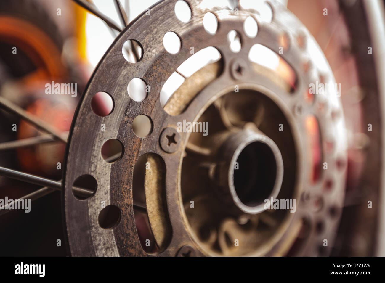 Nahaufnahme des Motorrad-Scheibenbremse Stockfoto