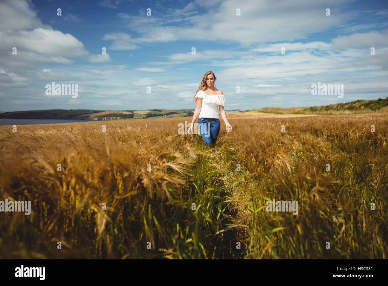 Frau zu Fuß durch Weizenfeld Stockfoto