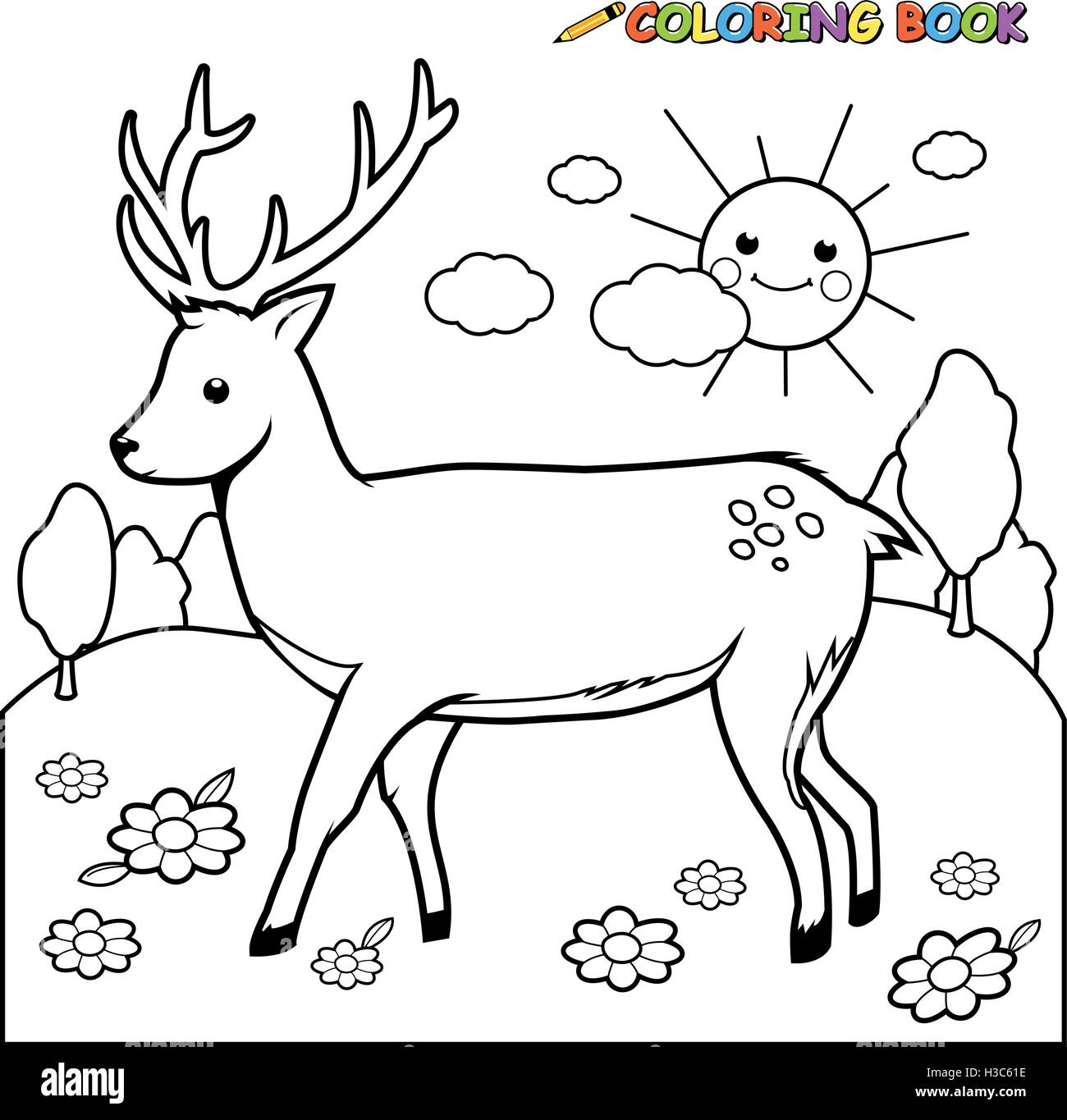 Hirsche in der Natur. Cartoon-Kitztier im Wald. Vektor-Schwarzweiß-Farbseite Stock Vektor