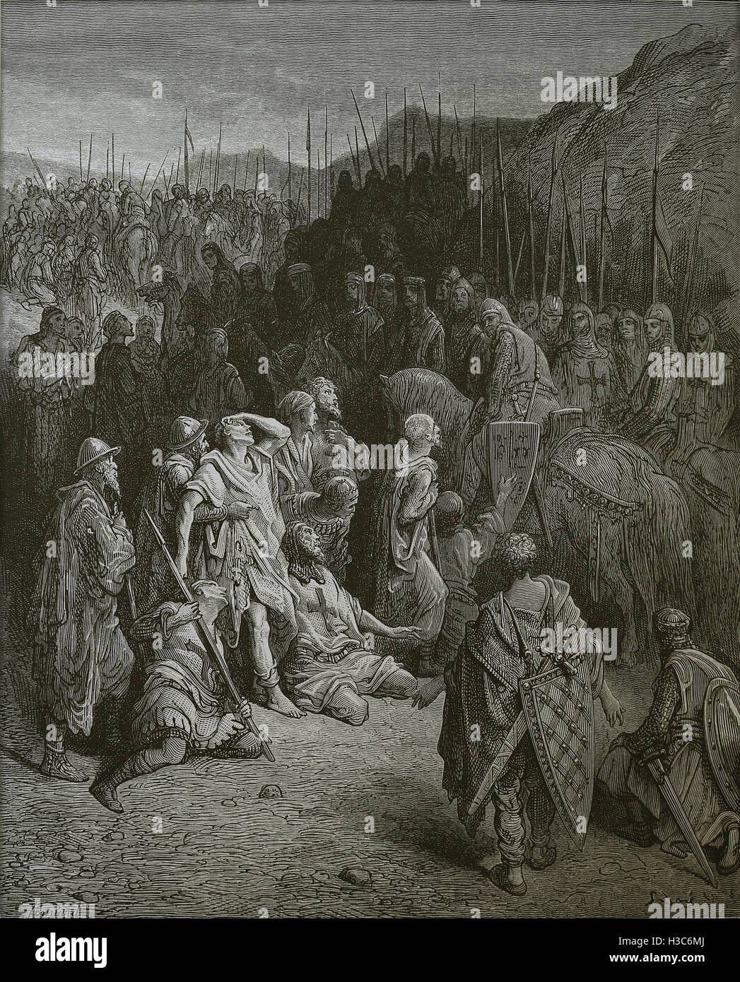 1. Kreuzzug (12. Jahrhundert). Soldaten von Peter der Einsiedler und Gottfried von Bouillon überlebt. Stich von Gustave Dore. 19. Jh. Stockfoto