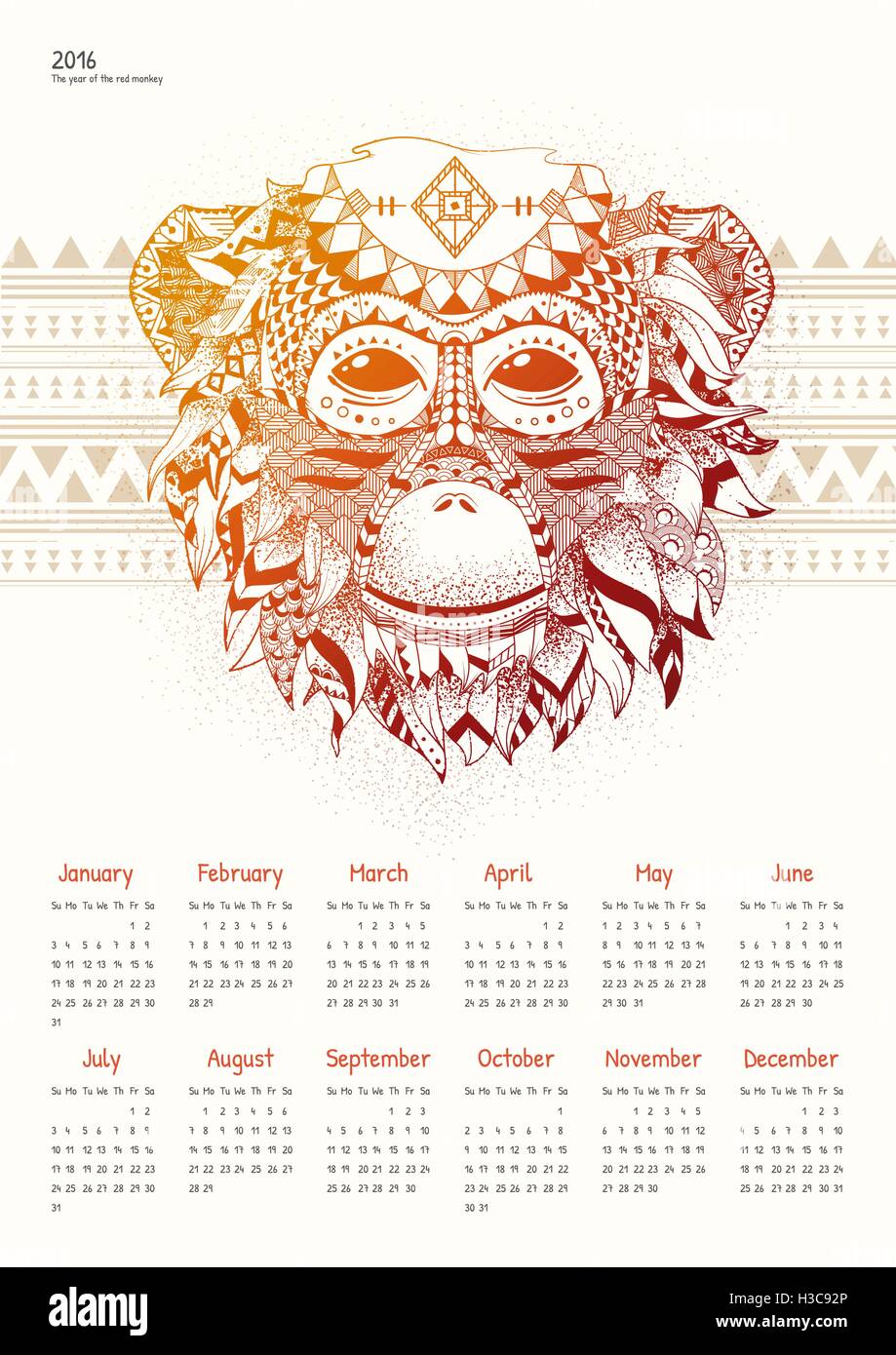 Kalender mit feurigen Affe auf einem hellen Hintergrund Stock Vektor