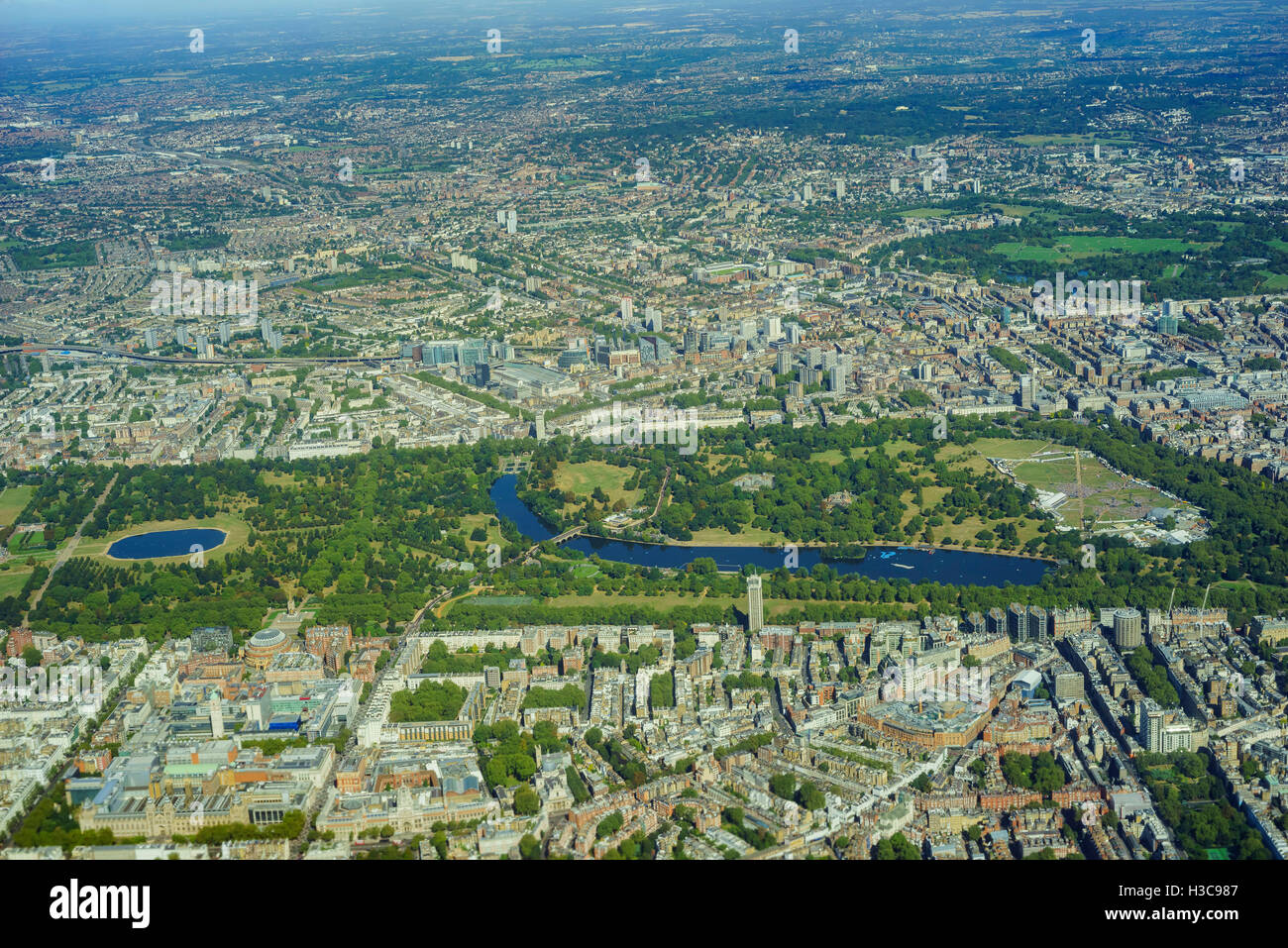 Luftaufnahme des Hyde Park, Green Palace, Knightsbridge, St.-Georgs-Felder, Bayswater, Westbourne Green, Marylebone London, UN- Stockfoto