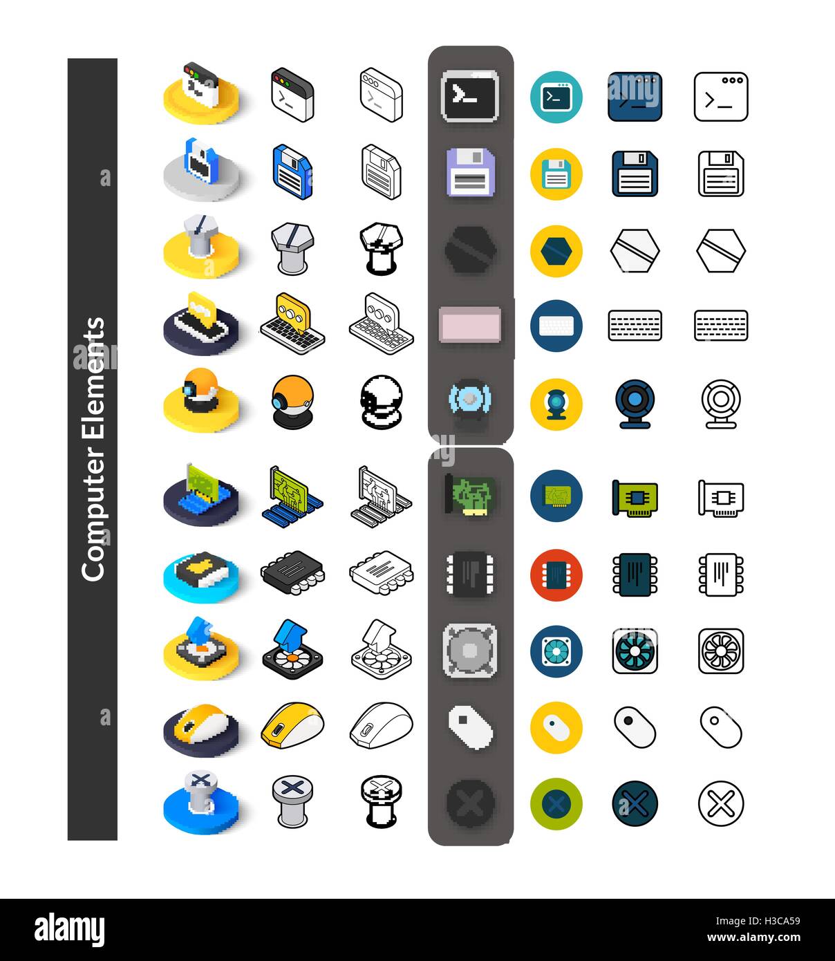 Set von Icons in verschiedenen Stil - isometrische flach und Otline, farbige und schwarze Versionen Stock Vektor