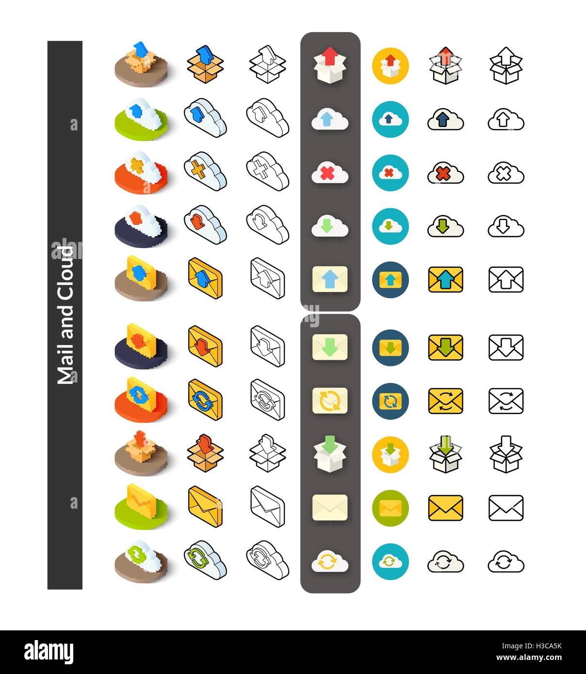 Set von Icons in verschiedenen Stil - isometrische flach und Otline, farbige und schwarze Versionen Stock Vektor