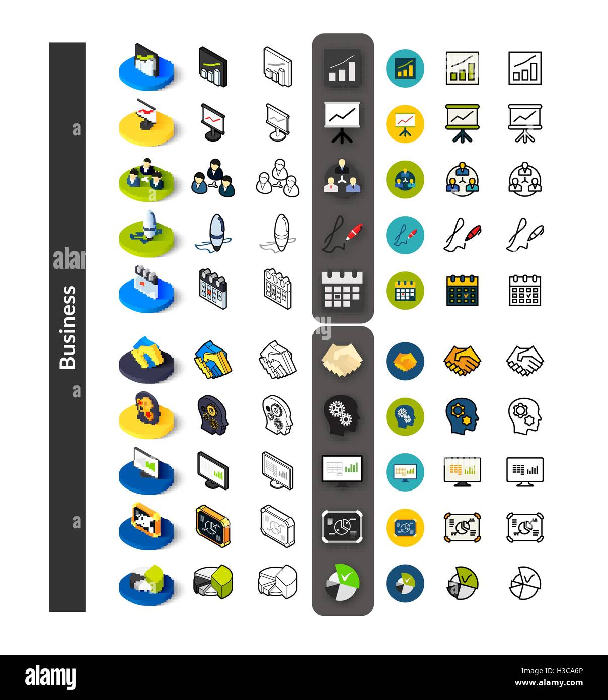 Set von Icons in verschiedenen Stil - isometrische flach und Otline, farbige und schwarze Versionen Stock Vektor
