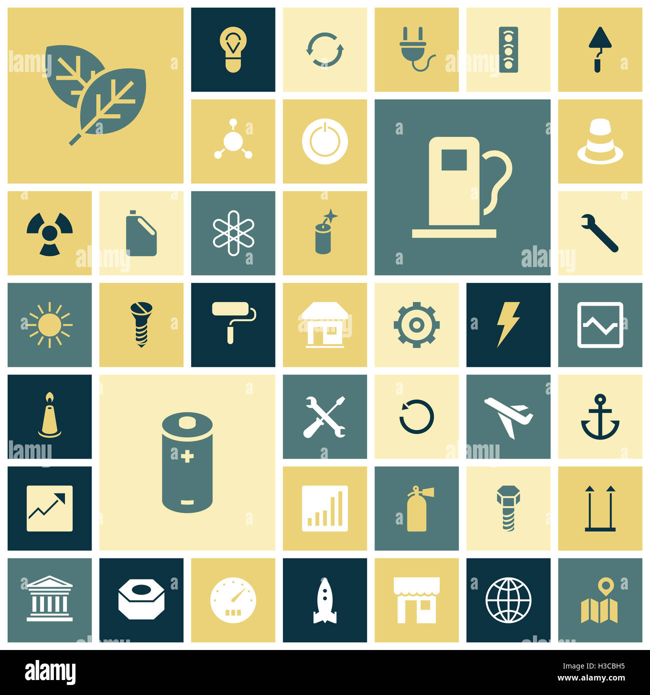 Flache Design-Ikonen für Industrie, Energie und Ökologie. Stockfoto