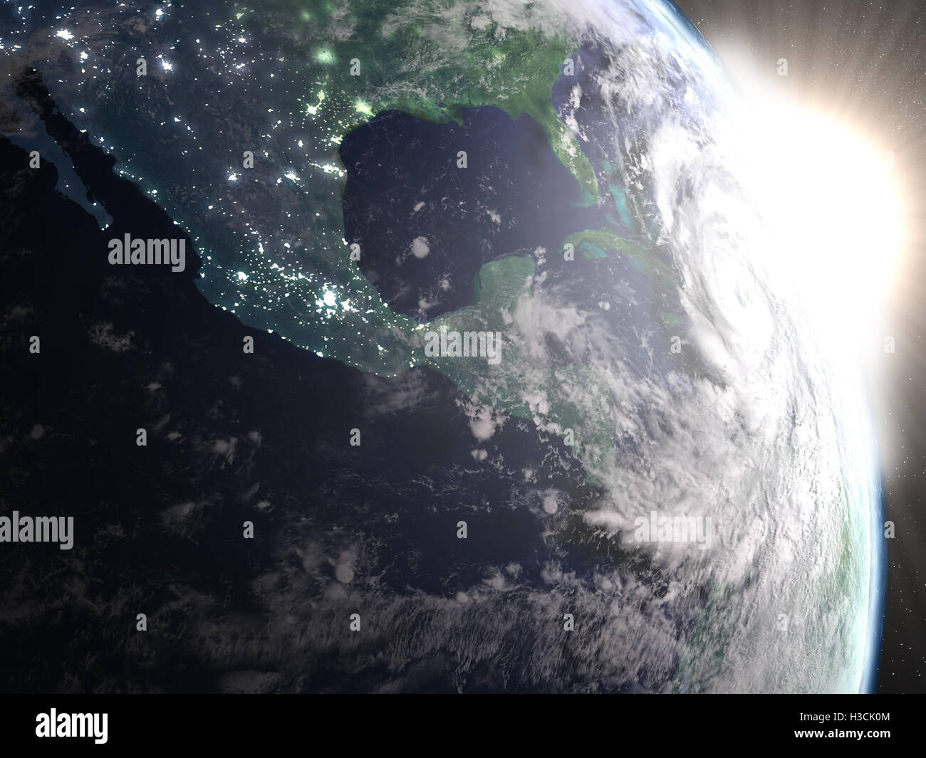 Hurrikan-Matthew aus dem Weltraum aus dem all nähert sich Florida in Amerika bei Sonnenaufgang gesehen. 3D Illustration. Elemente von diesem im Stockfoto