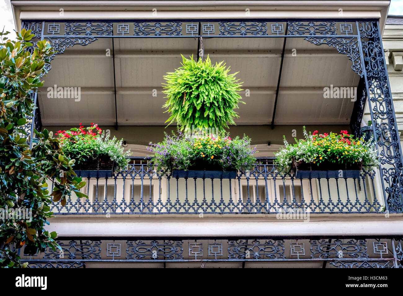 New Orleans French Quarter Balkon mit Blumen Stockfoto