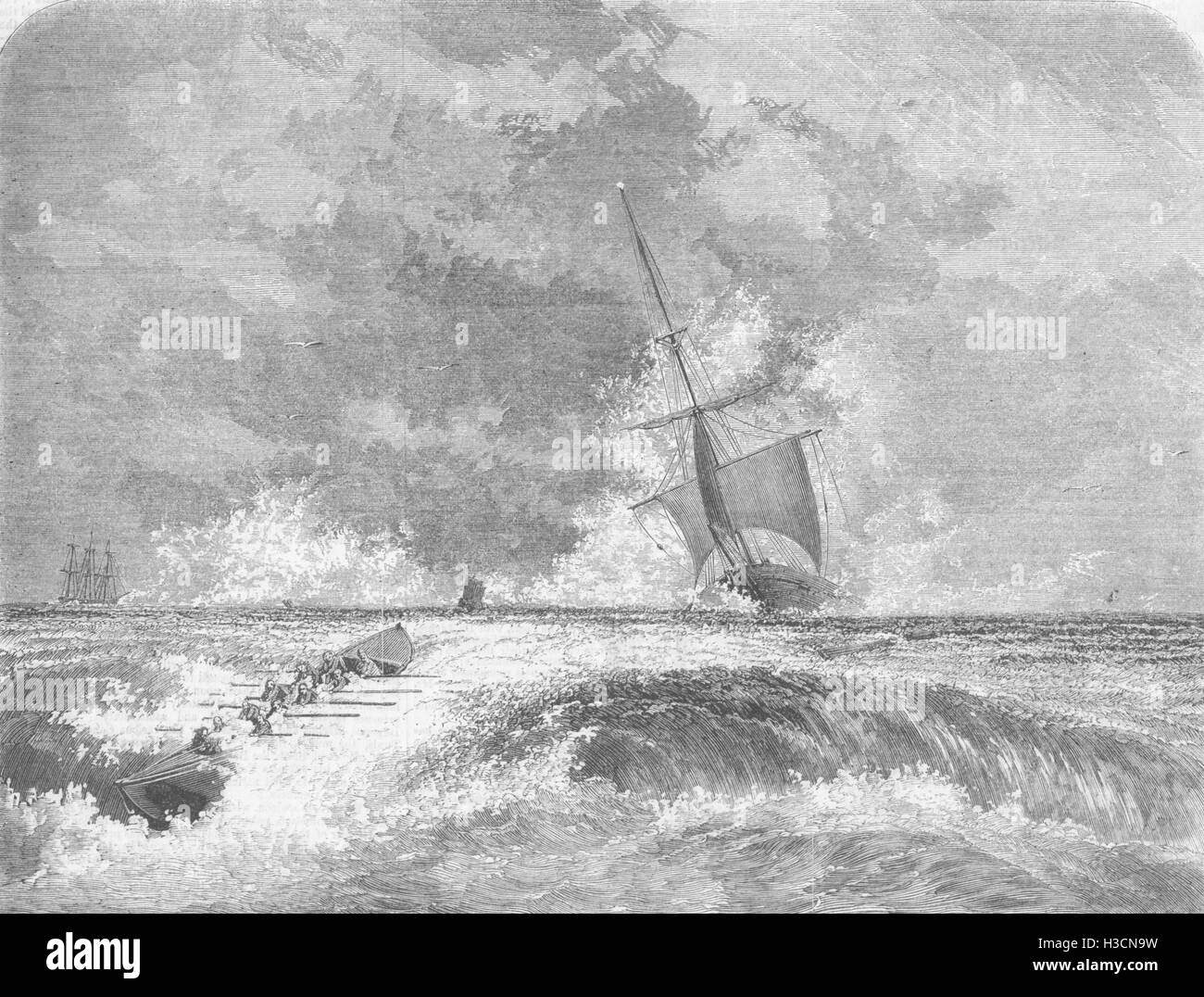 Schiffe unter der Brandung. Ruderboot in schweren Brandung 1858. Der illustrierte London News Stockfoto