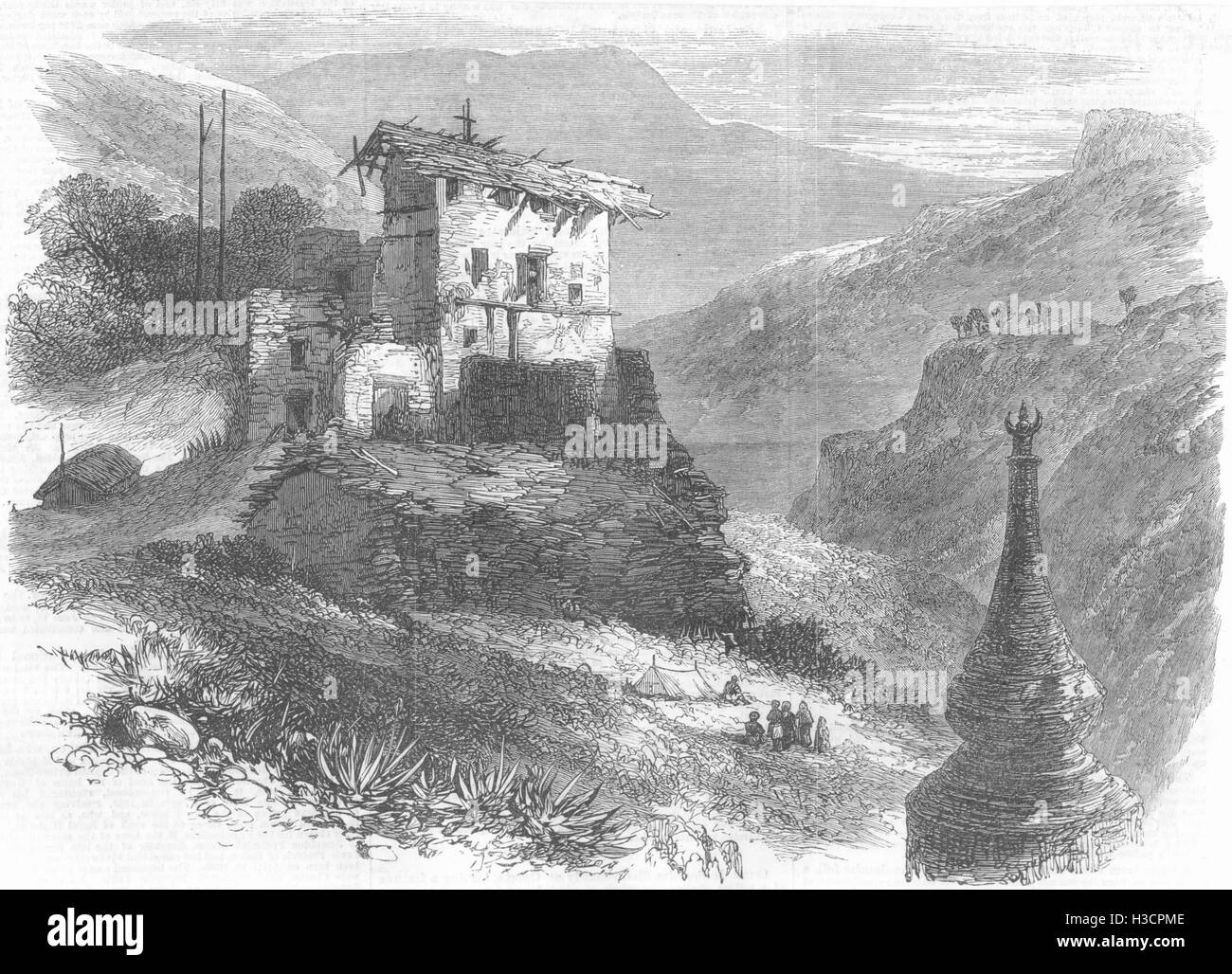 BHUTAN verbrannten Palastes des Rajah von Saleeka 1866. Der illustrierte London News Stockfoto